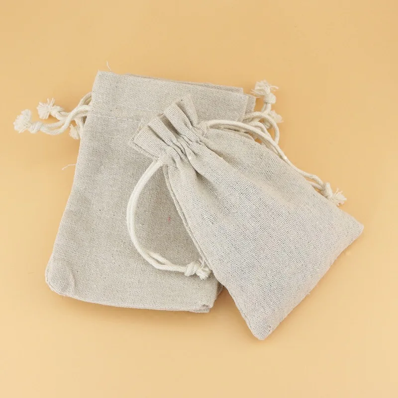 50PCS Linen Gift Bag Packaging Jewelry Cosmetic Makeup Cotton Linen Drawstring Pouch Party Storage Sachet Print Logo Custom Sack