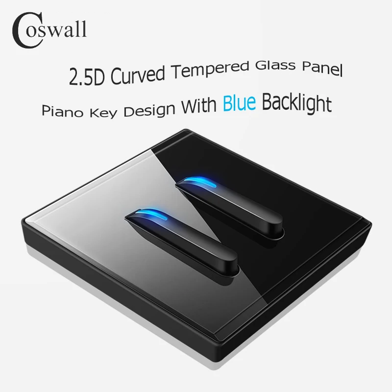 COSWALL 1/2/3/4 Gang 1/2 Way Piano Key Design On / Off Wall Light Switch Backlight Data CAT6 HDMI USB Charging Glass Panel Black