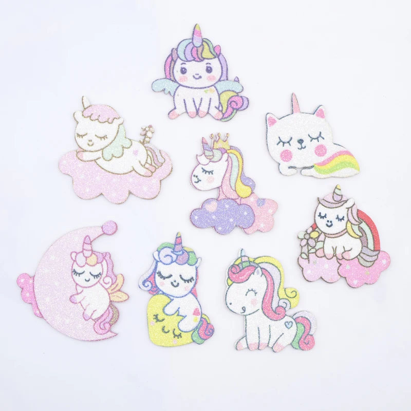 10Pcs Glitter Print Appliques Dessert Cat Unicorn for DIY Crafts Cake Topper Headwear Hair Clips Bow Decor Accessories Patches