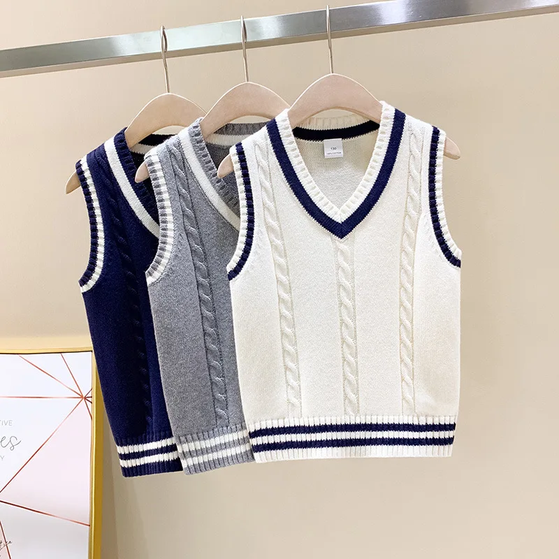 Children Vests 2024 Spring/Autumn Winter Kids Knitted Pure Cotton Pullover V-Neck Outerwear For School Boys Girls Waistcoat