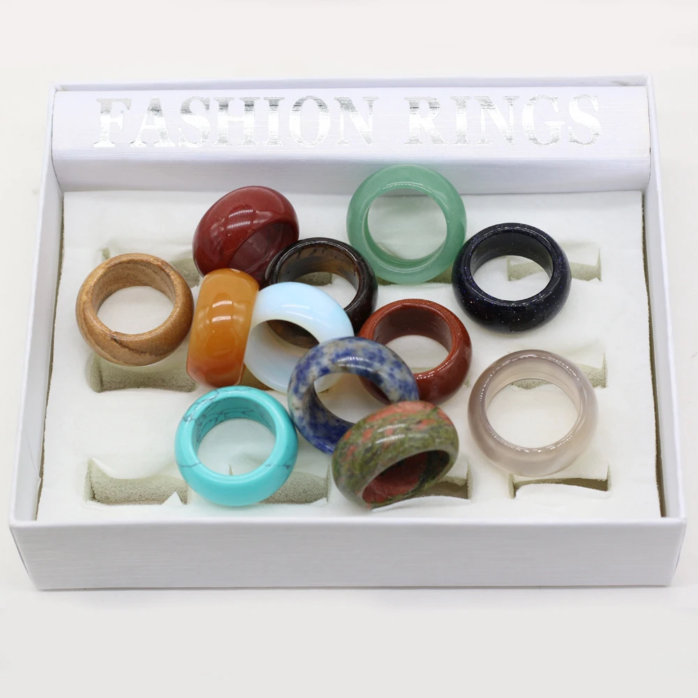 12PCS Natural Semi-precious Stone Mix-color Rings for Making Jewelry Gift for Women Inner Diameter 18mm 20mm