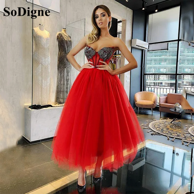 Sodigne vermelho tule vestidos de baile querida renda frisada tornozelo comprimento sexy vestidos de noite uma linha vestido de festa de casamento