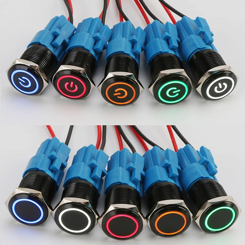 12/16/19/22mm Momentary Reset Rast Lock Schwarz Shell Metall Druckschalter Wasserdichte LED Licht Flache Runde 6V 12V 220V