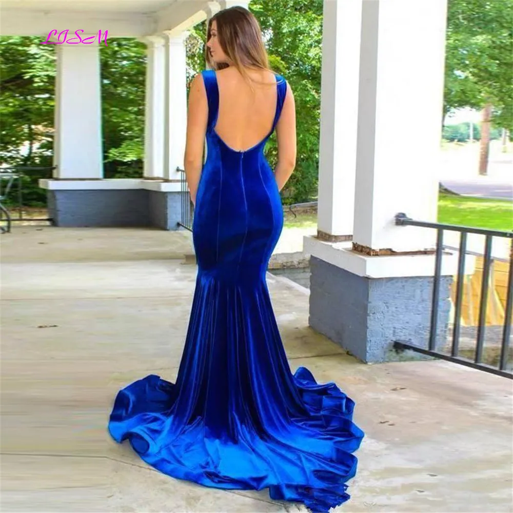 Vestido de noche de terciopelo de sirena azul real para mujer, vestidos de fiesta formales con abertura lateral y espalda descubierta, tren largo Plus, 2022