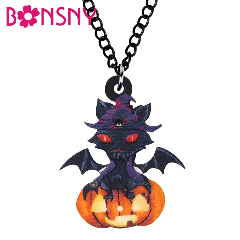 Bonsny Acrylic Halloween Bat Witch Pumpkin Head Necklace Pendant Collar Chain Choker Jewelry For Women Ladies Teens Charms Gift