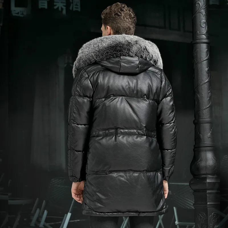 Men Winter 95% White Duck Down Jacket Cowhide Genuine Leather Men's Down Long Coat Real Fox Fur Collar -40 Degree Keep Warm 5XL