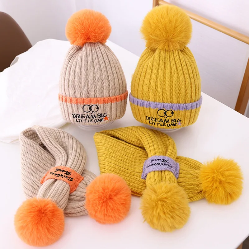 

Cute 2 To 8 Years Girl Hat Scarf Set Warm Fleece Lined Winter Hats Kids Knitted Beanies Scarves Lavender Pink Yellow Beige