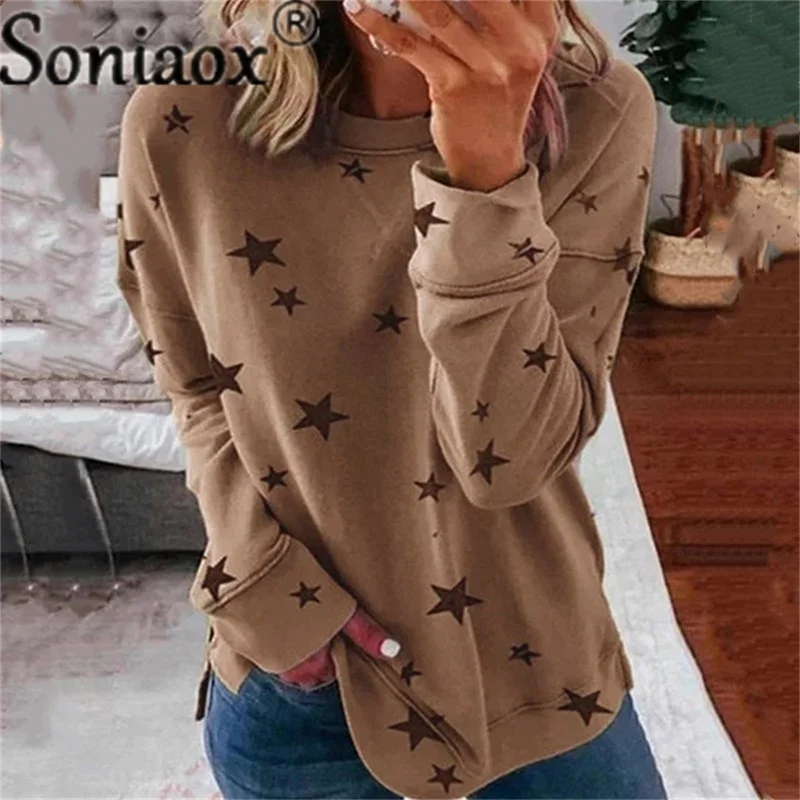 2021 Autumn Star Print Stitching Fashion T-Shirt Casual Women Tops Ladies Street Loose O-Neck Long Sleeve T Shirt