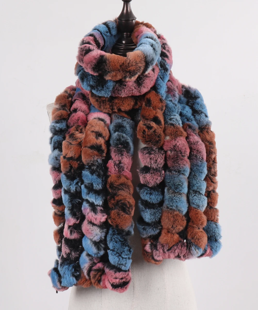 Neue Marke Gestrickter Modischer Damen Echt Rex Kaninchenfell Schal Frauen Winter Warmer Natürlicher Pelzschal Langer Stil Echter Pelz Halswärmer – Detail 24