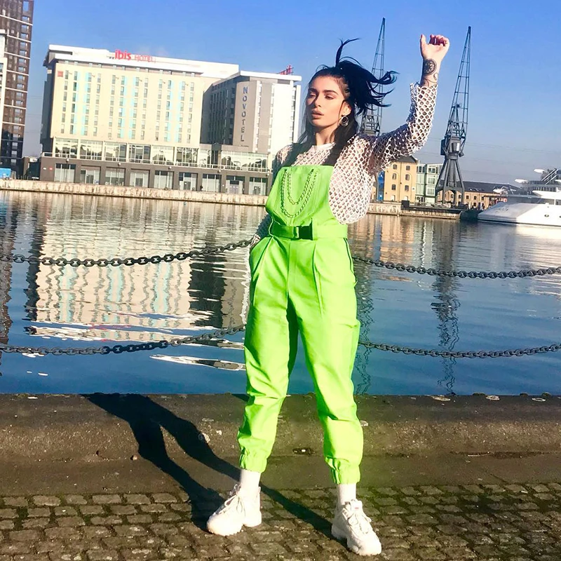 Hip Hop Costumes Women Fluorescent Green Overalls Jumpsuit Adults Street Dance Clothes Rave Outfit Dancer Stage Wear DT1964