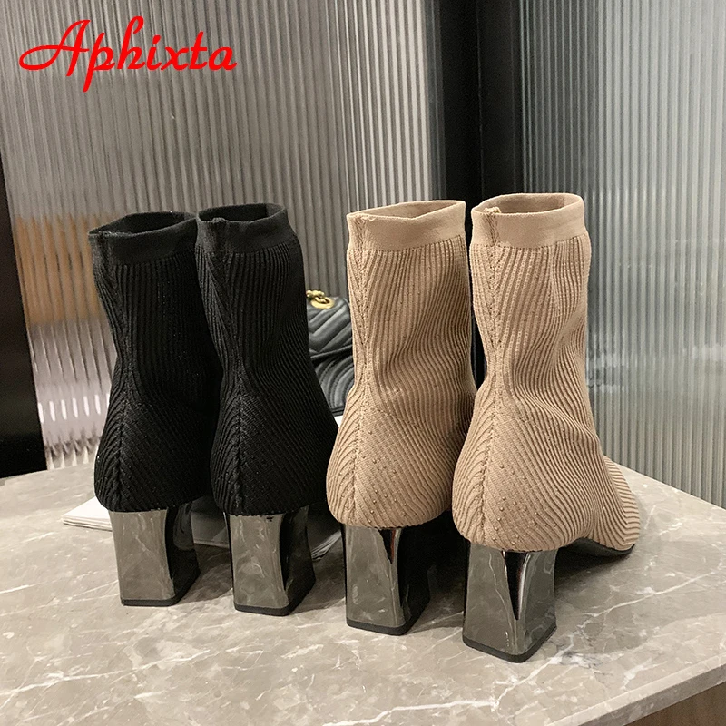 APHixta-スクエアヒールブーツ,コットンソックス,6cm,ストレッチ生地,先のとがったつま先,足首の長さ,女性用,ボート用