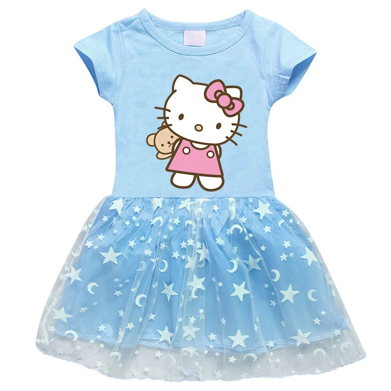 Hello Kitty Children\'s Clothing  Pure Cotton Fashion Princess Skirt Girls Cartoon Printed Net Yarn Short-Sleeved Pleated Dress