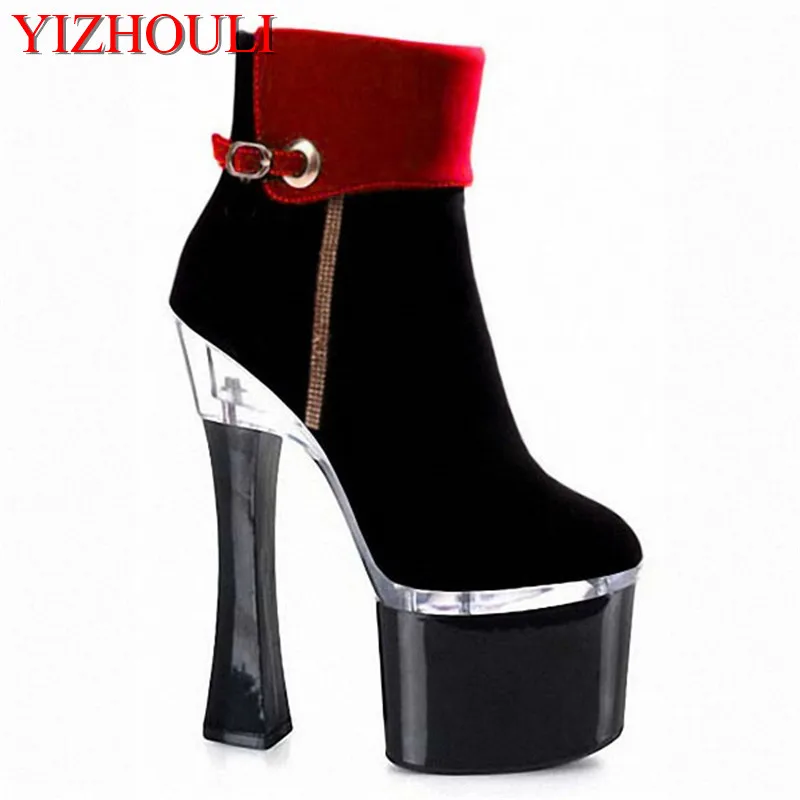 

Women's sexy motorcycle Boots thick heel boots sexy 7 inch high-heeled pumps Punk color block 18cm High Heels Ankle Boots