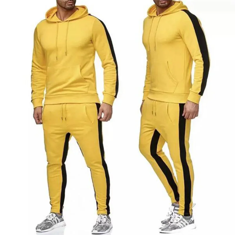 2 Pieces Sets Tracksuit Men New Brand Autumn Winter Hooded Sweatshirt +Drawstring Pants Male Stripe Patchwork Hoodies Bigsweety