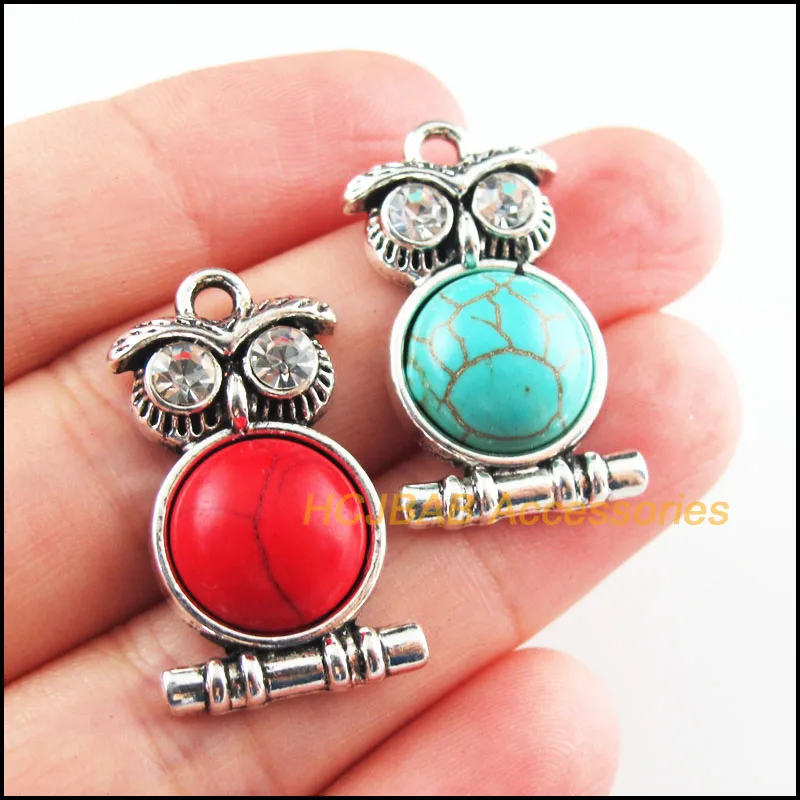 6Pcs Retro Tibetan Silver Tone Animal Owl Birds Blue&Red Stone Charms Pendants 16.5x28.5mm