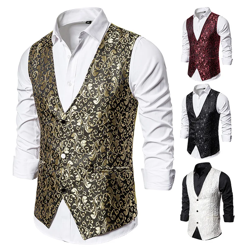 Men Jacquard Paisley Printed Vest Sleeveless Jacket Coat Mens Formal Waistcoats Dress Suit Vests Wedding Tuxedo Stage Costumes