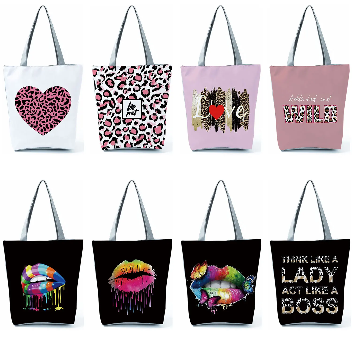 Women Black Kiss Leopard Lips 2022 New Fashion Shoulder Bag Lips Leopard Graphic Reusable Shopping Bag Handbags Portable Tote