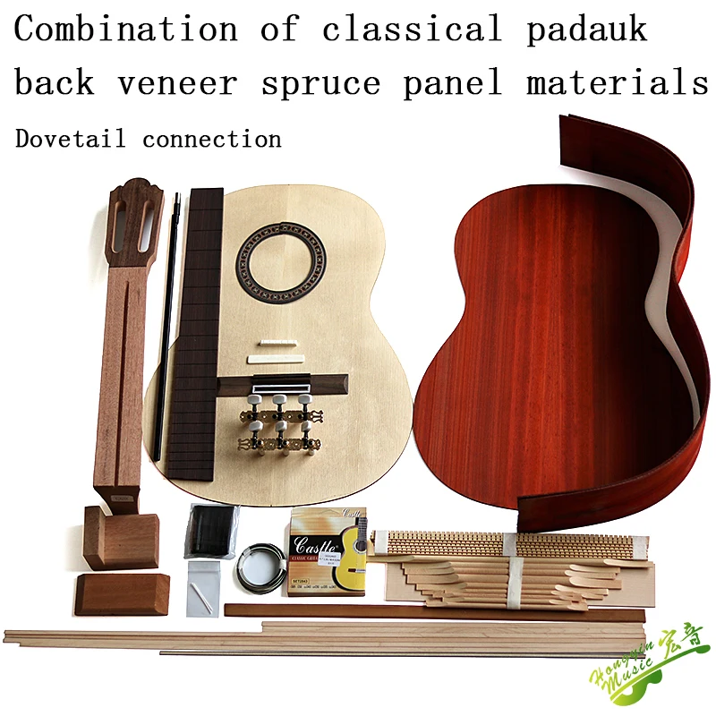 Classical guitar DIY Kit material accessories set solide back side,Spruce solid top board wood,Ebony Bridge Fingerboard