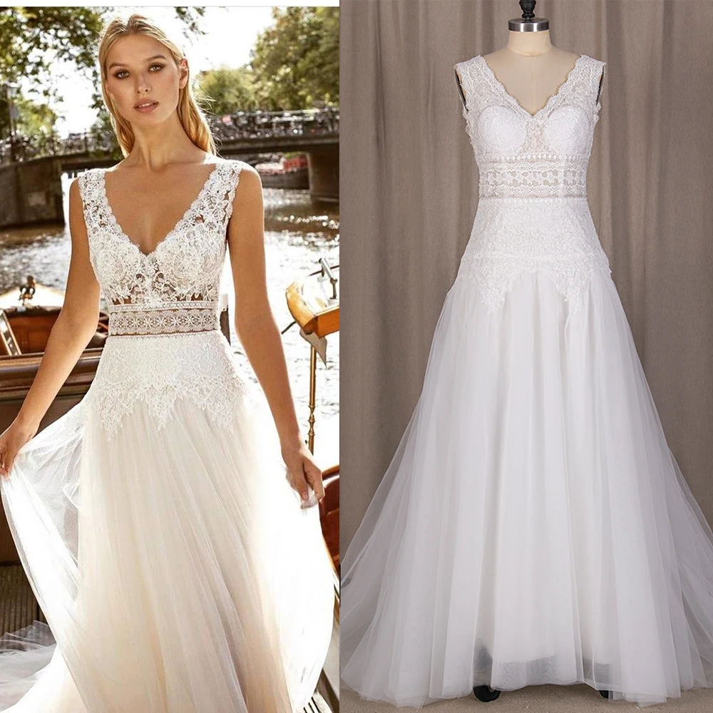 Abito da sposa Maxi in pizzo con scollo A v doppio scollo A v una linea Tulle Boho lungo elegante 2021 cerimonia abiti da sposa su misura