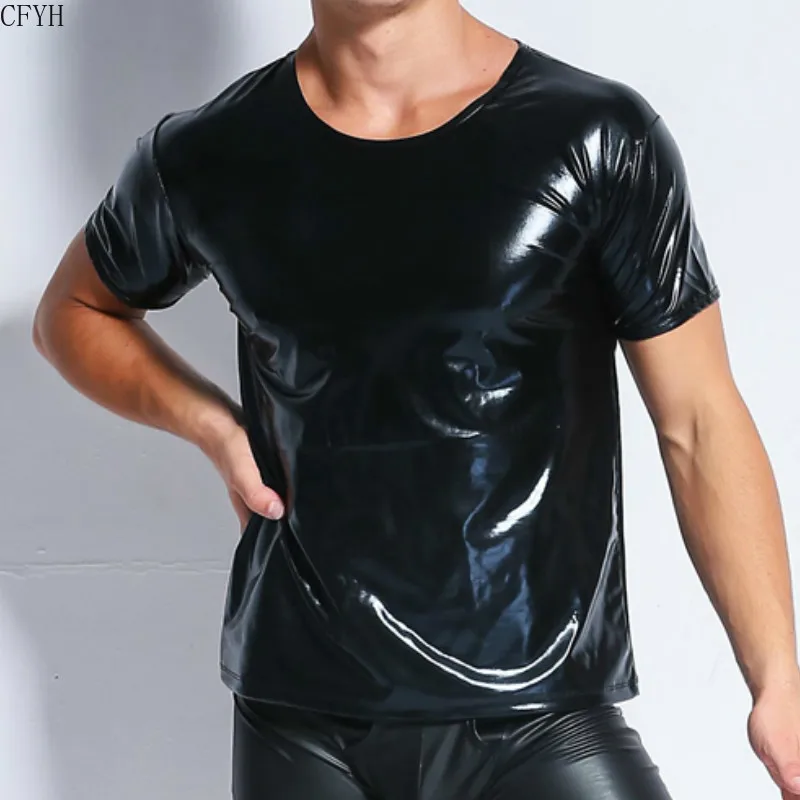 Cool Men PU Imitation Faux Leather T-Shirts Hot Sexy Club Dance Stage Performance Wear Light Man T-shirt Tops Tees Undershirt