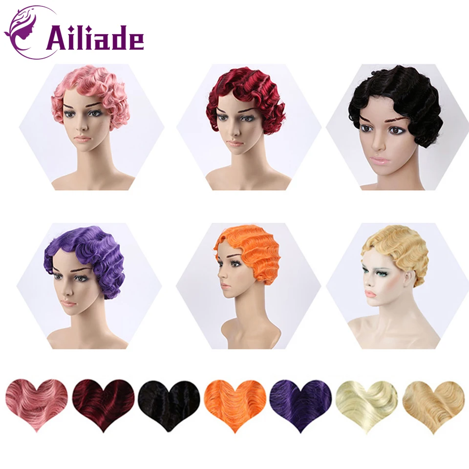 AILIADE 1920s Short Kinky Curly Synthetic Wigs For Black Women Retro Wig Female Hair Finger Wave Gold Black For Cosplay Party