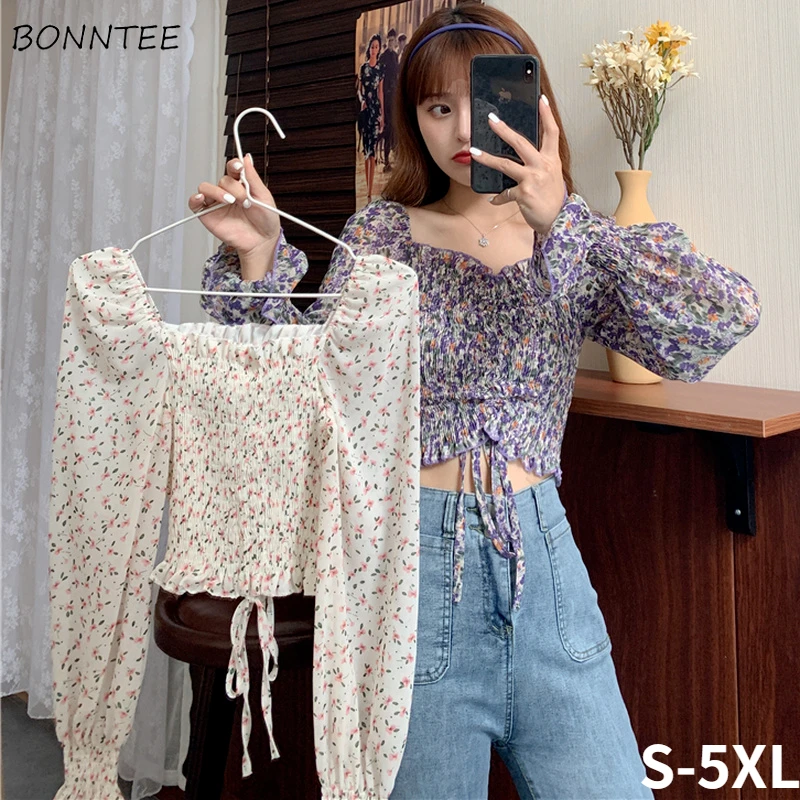 Flare Sleeve Blouse Women Square Collar Folds Floral Tender Skinny All-match Fashion New Elegant Cozy Holiday Mujer Crop Top Ins