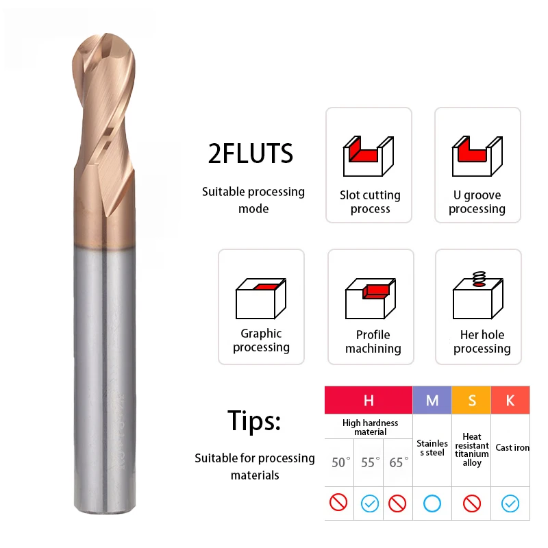 Q.Grt Ball Nose End Milling Cutter Tungsten Carbide Cutter CNC Router Bit Milling Tool HRC50 55 65 2 Flute Ball End mill