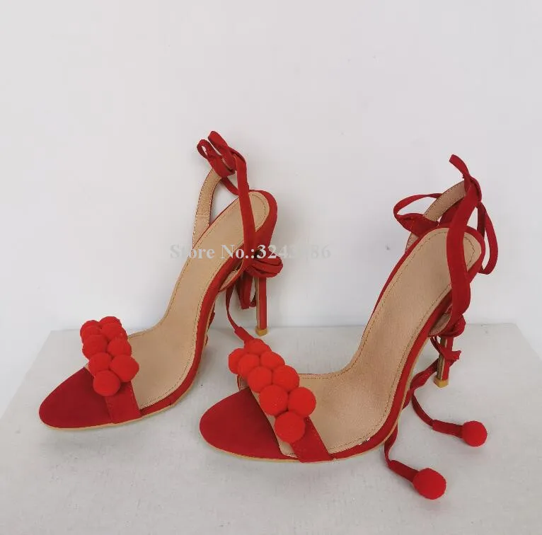 Red Color Lace-up Ball Decor Sandals Women Sexy Concise Style Real Photos Stiletto Heel Dress Sandals Shoes Lady High Heels