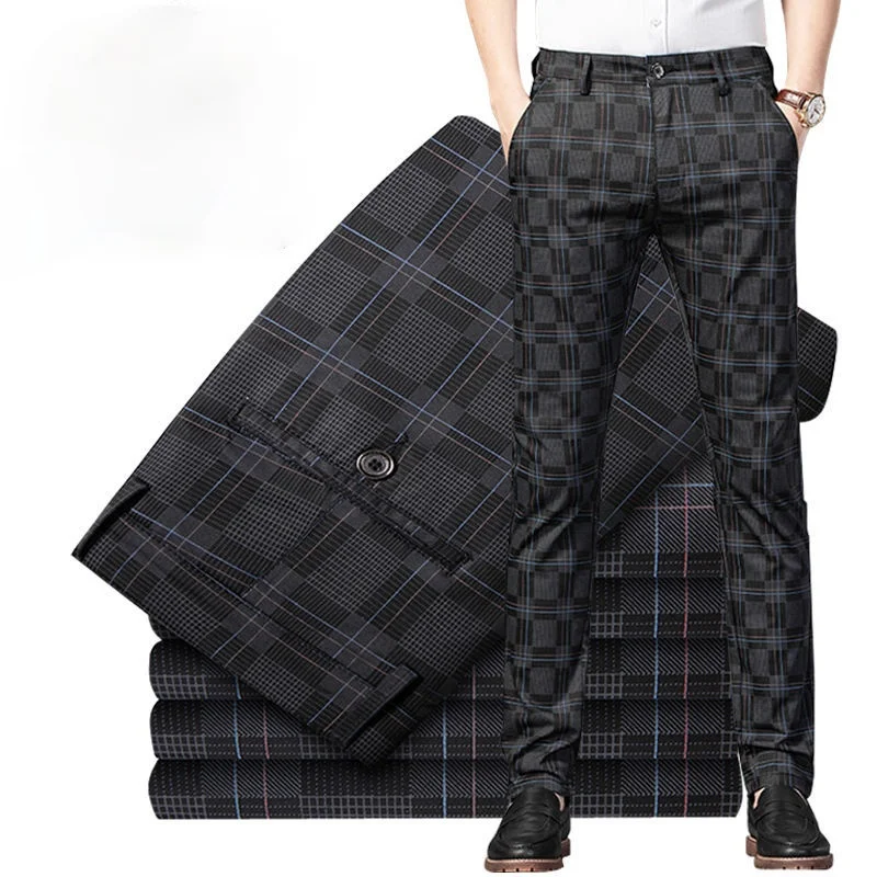 2022 Spring Summer Casual Pants Men Fashion Korean Streetwear Men\'s Straight Slim Fit Pants Trousers Black Plaid Suit Pants Men