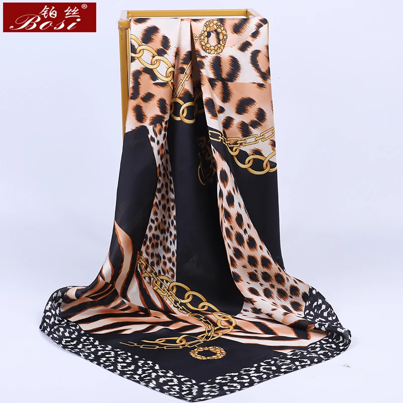 BOSI Pink Leopard print Square Silk Satin big 90*90cm hijab Chain Scarf for Women Scarves Luxury Brand Fashion Shawl Elegant