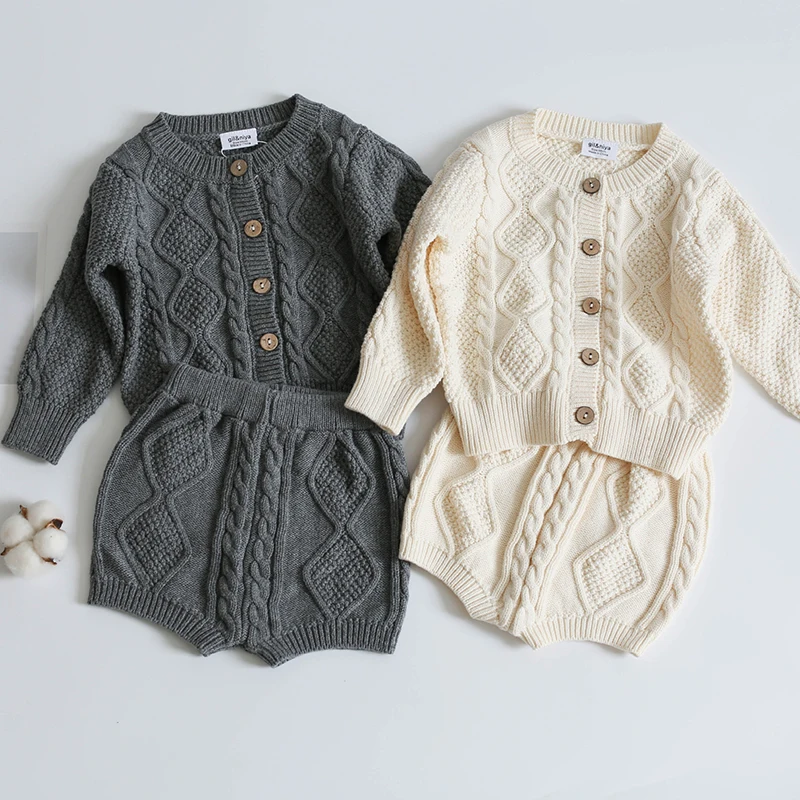 Kleinkind Mädchen Jungen Anzug Herbst Winter Kinder Kleidung Jungen Mädchen Baby Stricken Pullover Strickjacke + Shorts Anzug Baby Kleidung Anzug