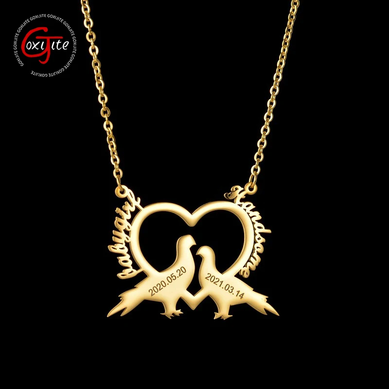 Goxijite Fashion Custom 2 Names Necklace For Lover Stainless Steel Heart Bird Engraving Names Date Necklaces Women Jewelry Gift