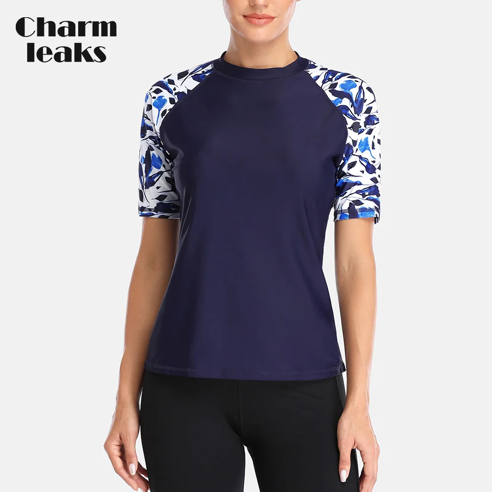 Charmleaks Donne Manica Corta Rashguard Camicia Costumi Da Bagno Stampa Floreale Costume Da Bagno di Surf Top Diving Camicia Protezioni UPF50 +