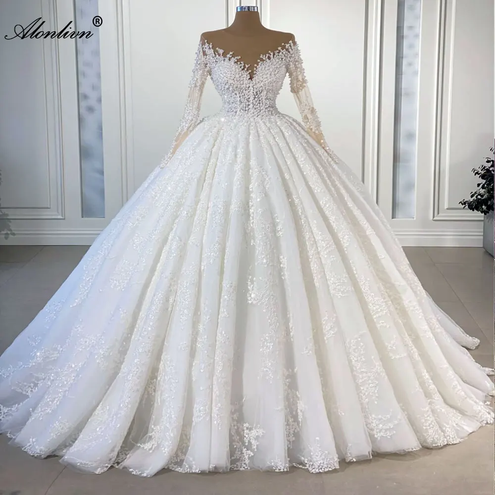 Alonlivn elegante laço de seda de decote em v manga cheia uma linha vestido de casamento miçangas pérolas pele marrom vestidos de noiva