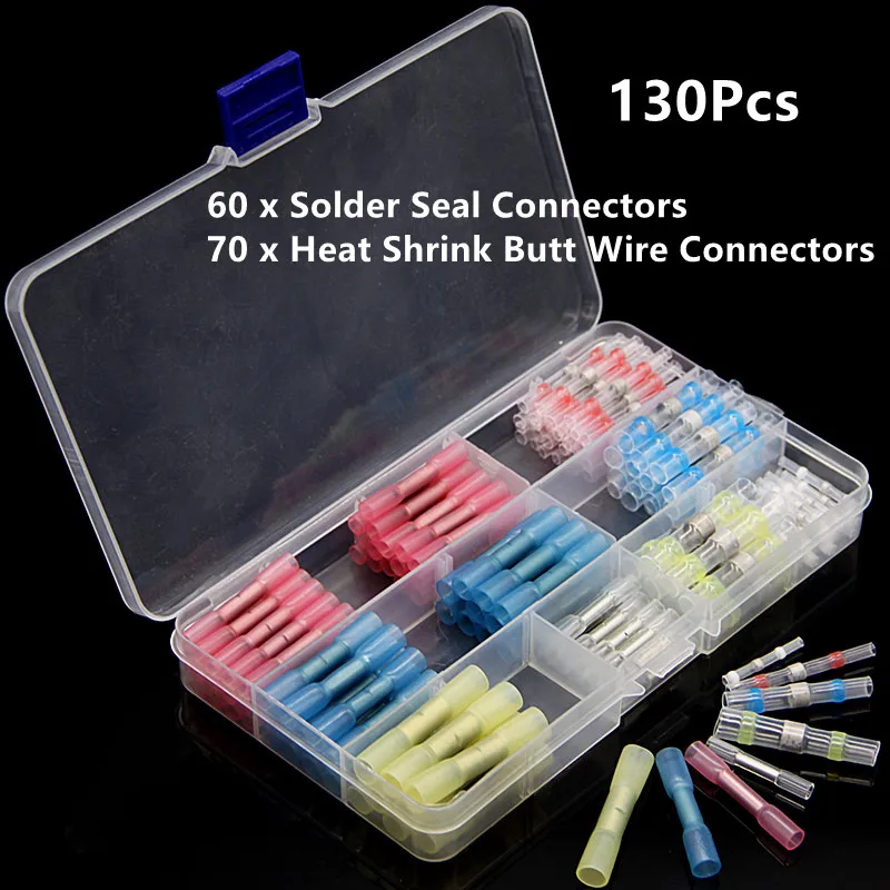 130Pcs Electrical Wire Connector Solder Seal Insulated Connectors Waterproof Heat Shrink Butt Crimp Terminals Kit Assortment