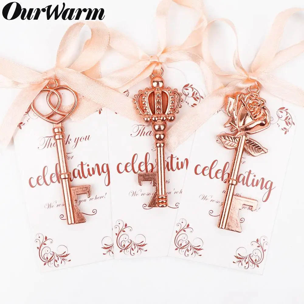 OurWarm 50set Wedding Gifts for Guests Rose Gold Key Zinc Alloy Bottle Opener with Tags Party Favor Communion Gifts Souvenirs