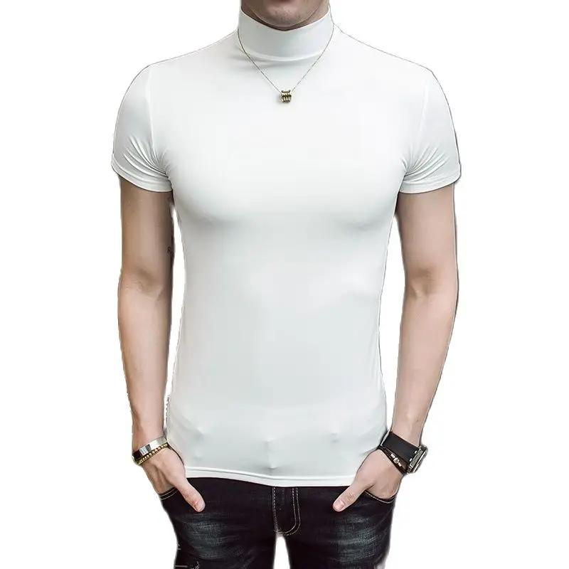 2023 Summer Men Short Sleeve Turtleneck Slim Fit T-shirt Male Solid Black White Tees Shirts Lovers Tshirt