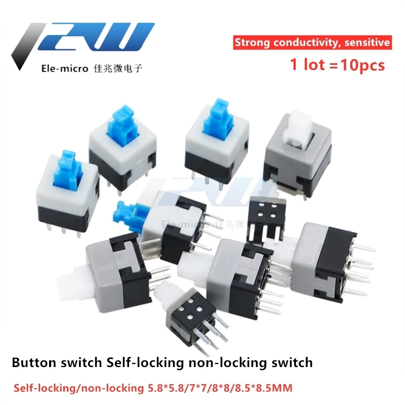 10 Pcs/Lot  5.8x5.8MM,7x7MM,8x8MM,8.5x8.5MM Self Locking Touch Micro Switch Kit 6 Pins Push  7*7 MMButton Switches Lock / Unlock