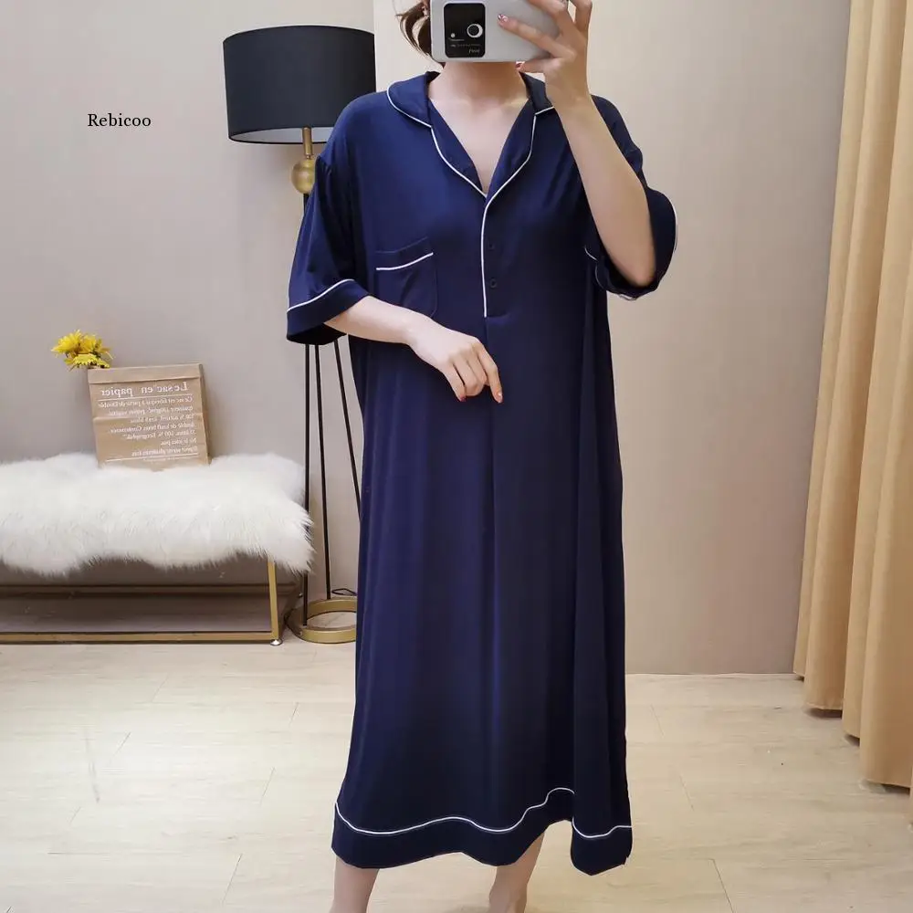 Long Shirt Women Pajamas Half Sleeve Model Sleep Lounge clothes with pocket Homewear