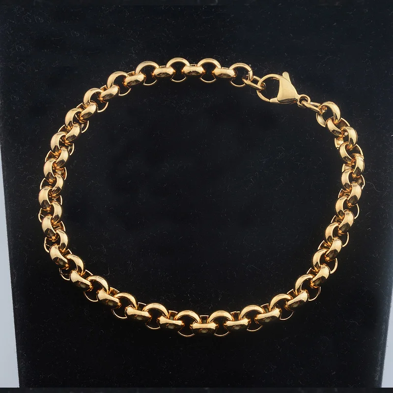 1pcs 7mm Men Women Yellow Gold Color Stainless Steel Rolo Link Chains Bracelets Jewelry