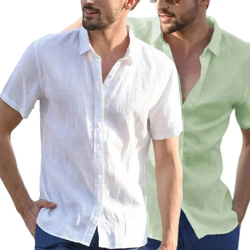 Men\'s Shirts Linen Short Sleeve Summer Solid Shirts Casual Loose Turn-down Collar Blouse Male Breathable Shirt Chemises homme