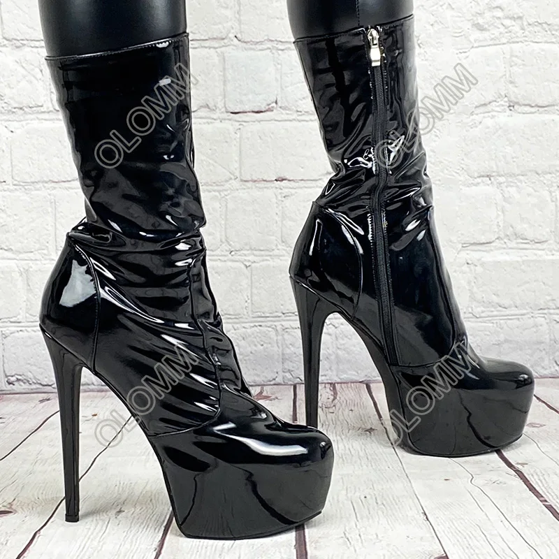 Olomm Handmade Women Winter Mid Calf Boots Zipper Patent Leather Thin High Heels Round Toe Black Club Shoes Plus US Size 5-20