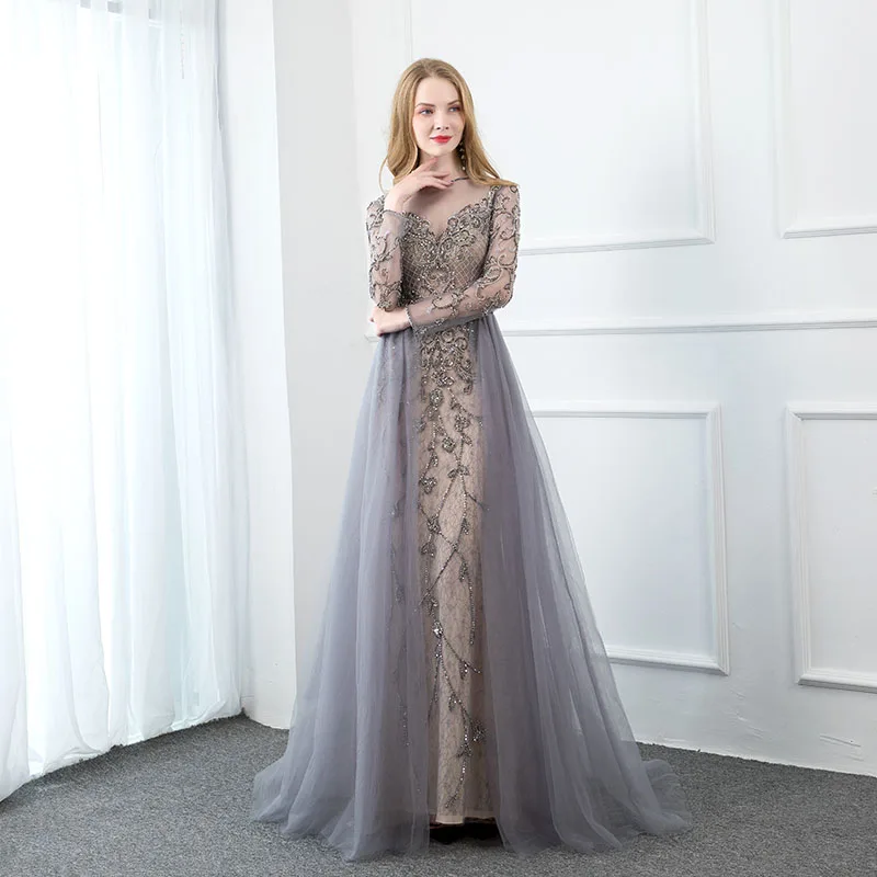 

YQLNNE 2020 Long Sleeve Evening Dress Gray Tulle Rhinestones Beaded Evening Gown Formal Women Party Dresses with Nude Lining