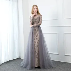 YQLNNE 2024 Long Sleeve Evening Dress Gray Tulle Rhinestones Beaded Evening Gown Formal Women Party Dresses with Nude Lining