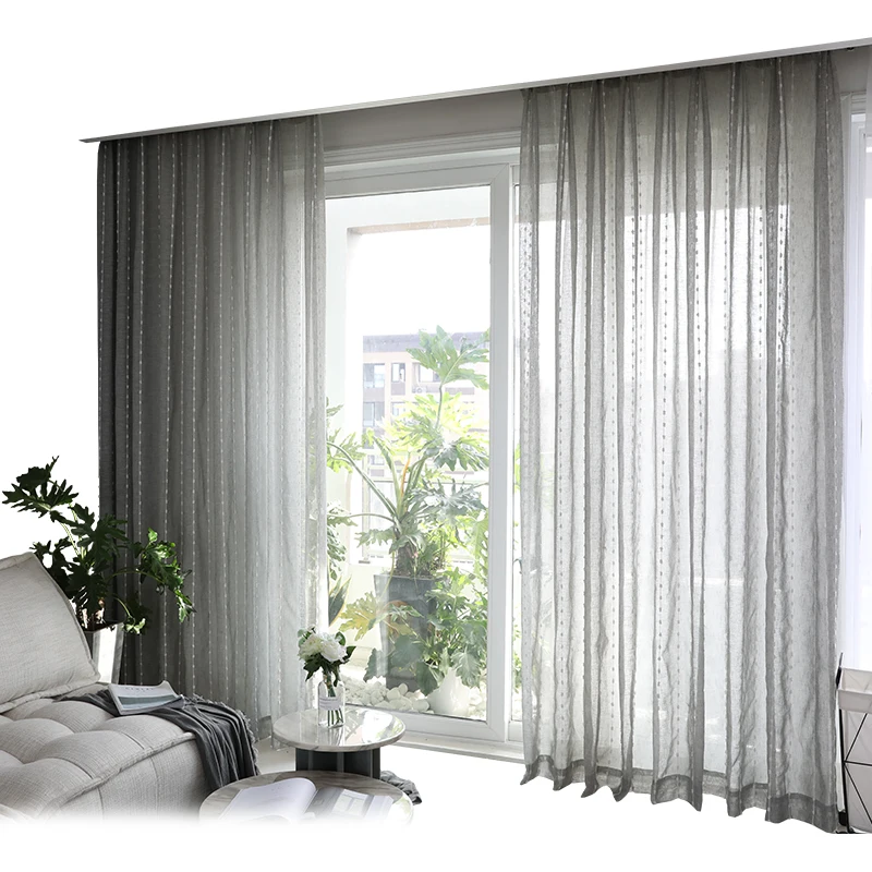 Modern grey Embroidery curtain yarn vertical stripe embroidery curtain yarn of living room bedroom balcony bay window curtains