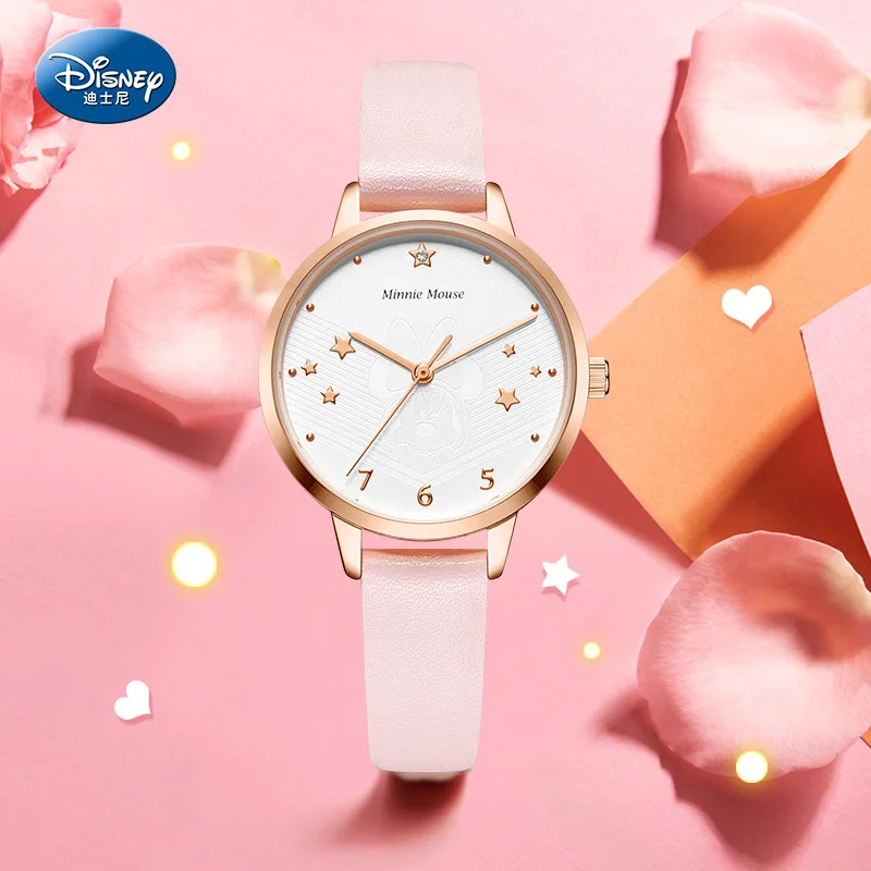 Disney Official Minnie Mouse Girls Love Dream Stars Heart Pink Clcok Beautiful Lady Cuties Fashion Casual Watches Children Gift