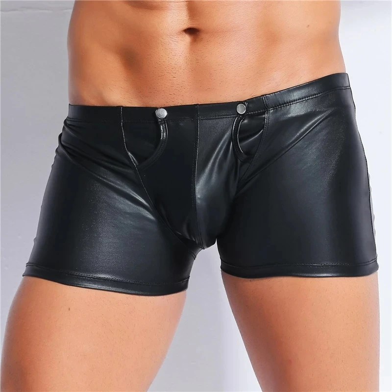 Mens Sexy Open Crotch Leather Short Pants For Sex Latex Bodycon Zipper Crotchless Patent Leather Fetish Boxer Hot Pants Sissy