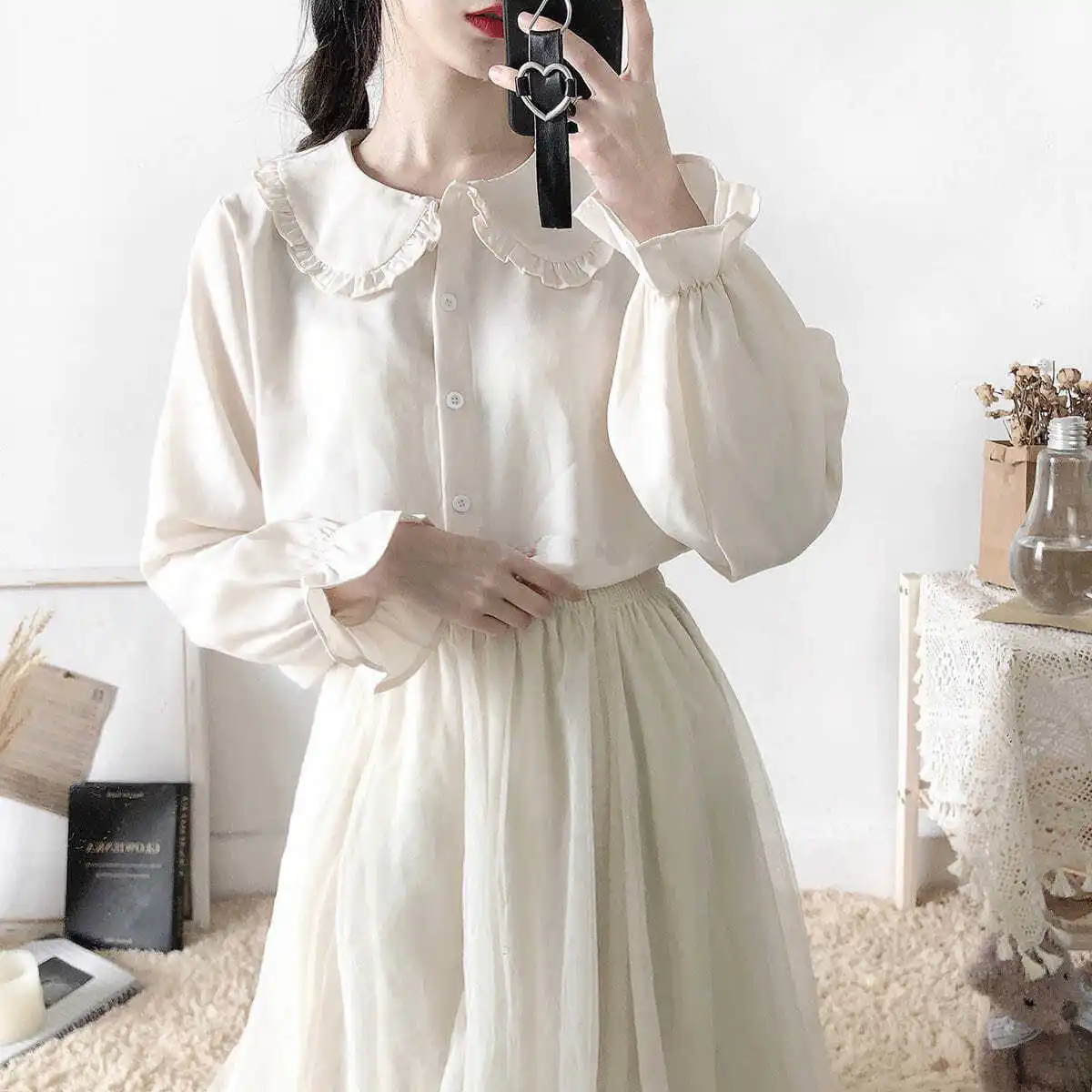 Peter Pan Kragen Süßes Hemd Frauen Lolita Japanische Kawaii Bluse Puff Langarm Elegante Weiße Weibliche Top Grundlegende Schule Shirts – Detail 2
