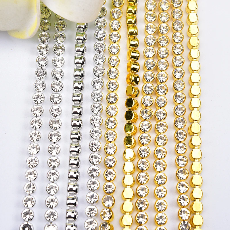 Gold Silver Base Glass Rhinestone Dense Non-claw Chain Pearl Cup Chain Trim Sewing for Clothes Bags Shoes Decoration Accessories