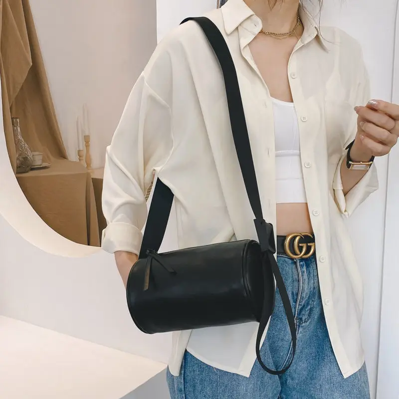 New Pillow Bags Women Crossbody Cylinder PU Leather Black Fashion Versatile Barrel-shaped Korean Style Shoulder Bag Leisure Chic